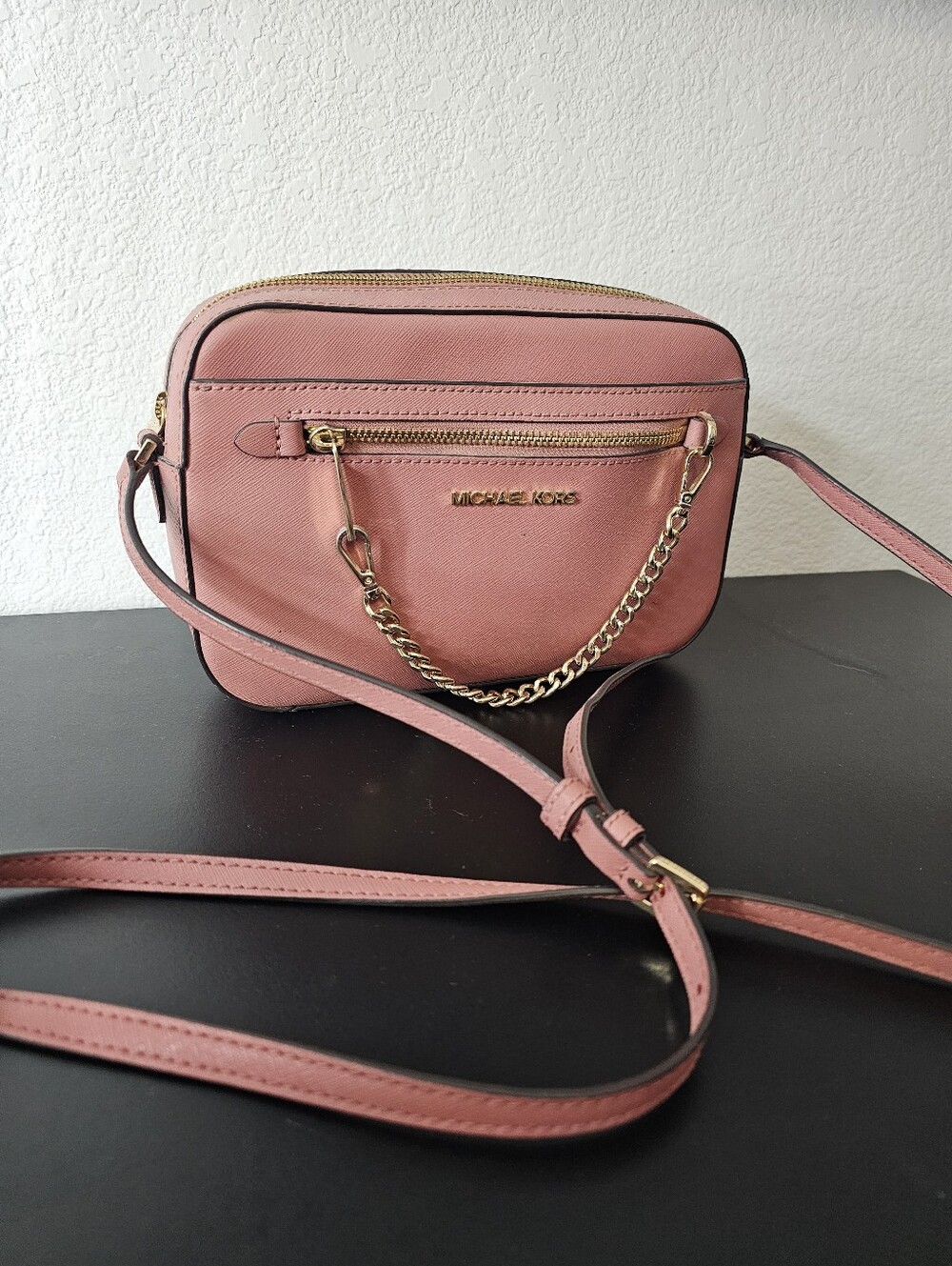 Michael Kors Rose Pink Leather Crossbody Camera Bag with Gold Chain
